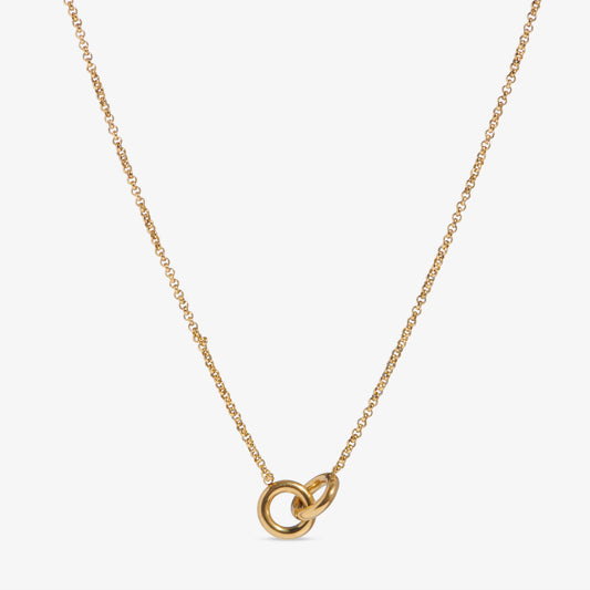 Close-up of the gold linked ring pendant on a fine cable chain