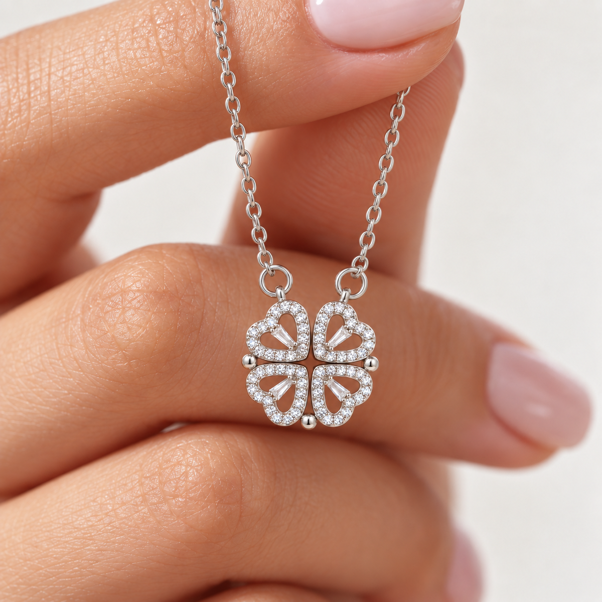Close-up of the silver stone-set four leaf clover pendant