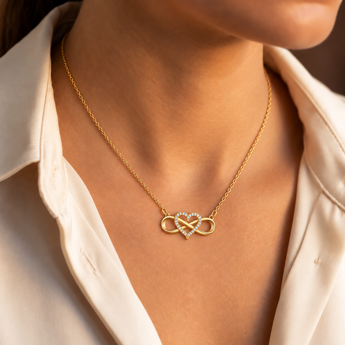Woman wearing a gold infinity heart necklace with a white shirt