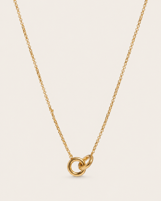 Gold interlocking circles necklace with two linked rings