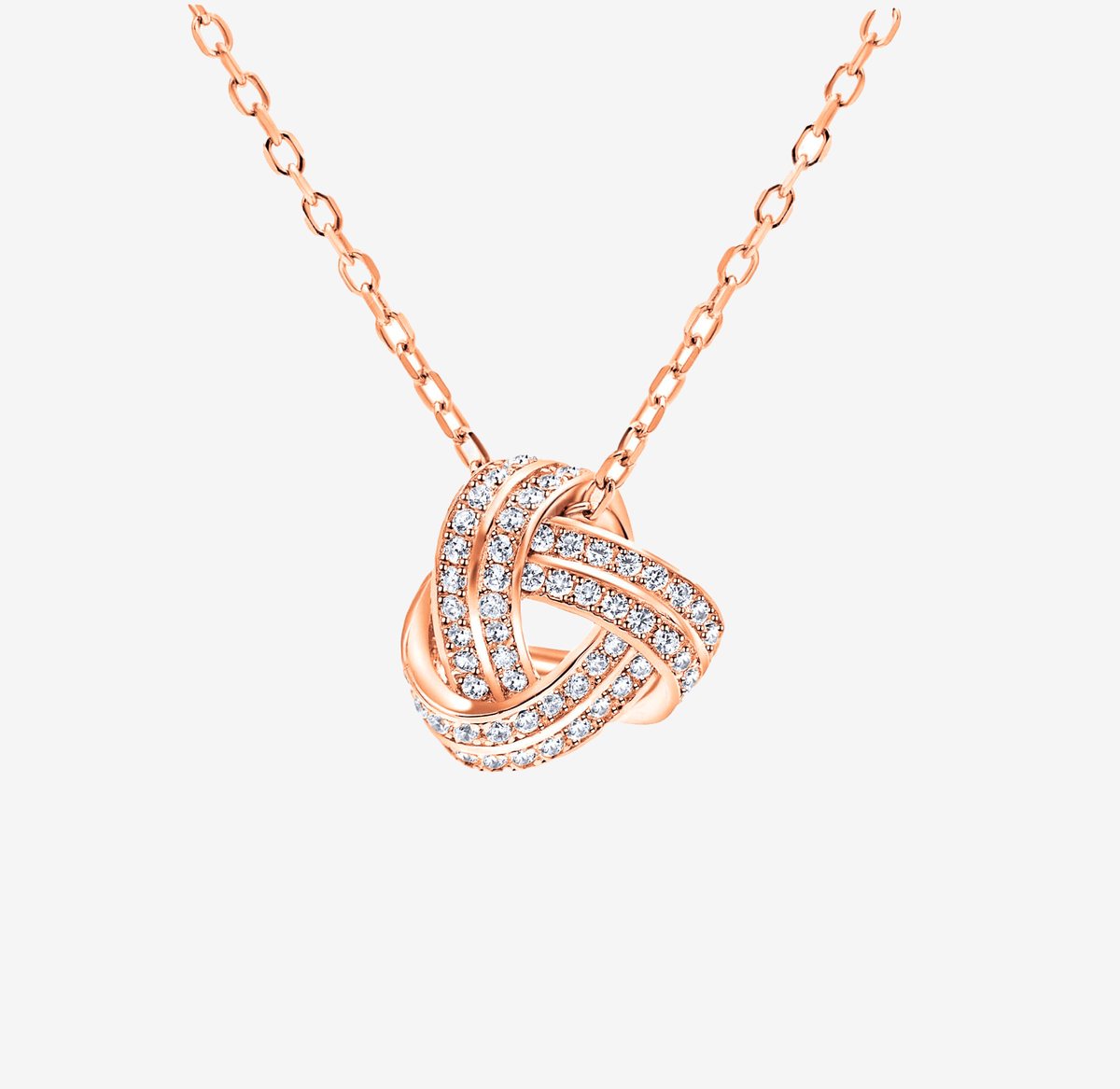 Rose gold love knot pendant on a fine cable chain